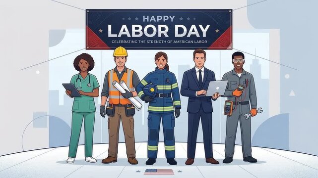 Happy Labor Day Animation with Diverse Group of Workers