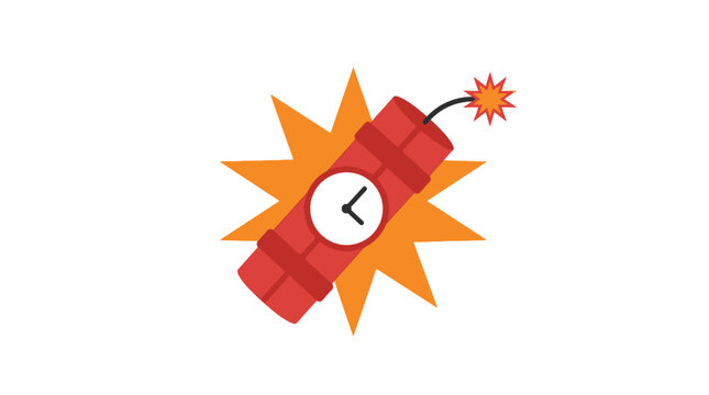 Red dynamite stick with attached clock timer featuring bright orange starburst graphic on white background
