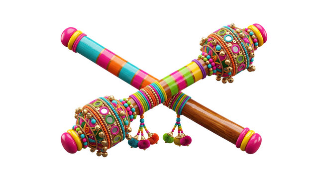 Ornate traditional dandiya sticks for garba dance isolated on transparent background