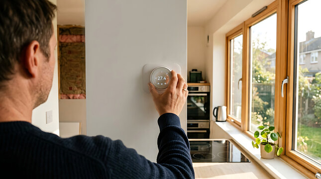 Man adjusting smart home thermostat for optimal comfort and energy efficiency in a modern living space