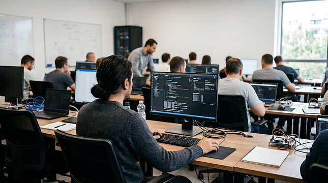 Software developers deeply focused on programming tasks during a comprehensive coding workshop or intensive IT training session in a modern classroom