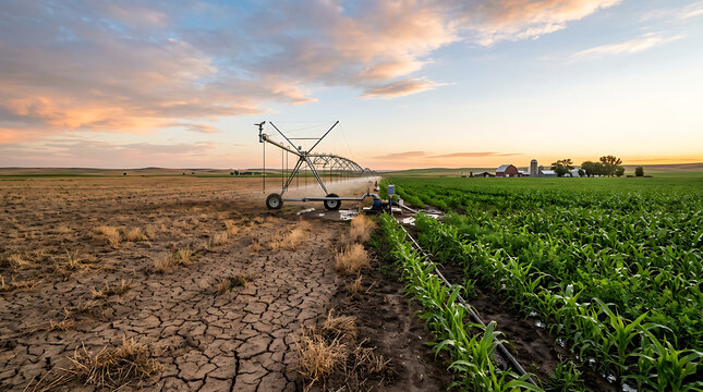 Center pivot irrigation system watering crops next to dry cracked earth at sunset