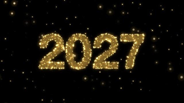 黒背景に無数の光の粒とともに2027の数字が金色の粒子で描かれる4Kシームレスループ 年賀素材