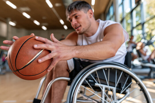 Athlete in wheelchair holds basketball with focus. Room bathed in natural and artificial light. Firm grip suggests readiness for action. Intense gaze shows determination and drive
