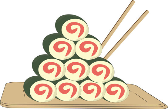 Stacked sushi rolls with pink swirl on a wooden board with chopsticks illustration
