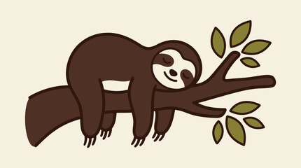 Obraz premium Minimalist vector illustration of a cute cartoon sloth sleeping peacefully on a tree branch