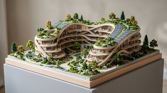 A detailed architectural miniature model of a sustainable, modern eco-friendly residential complex featuring fluid, organic curved structures, extensive green rooftops with gardens and trees