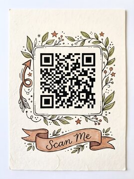 Decorative QR Code Frame Template Hand Drawn Botanical Leaves Floral Wreath with Scan Me Ribbon Banner Vintage Cream Background Vector Illustration for Event Menu and Business Card