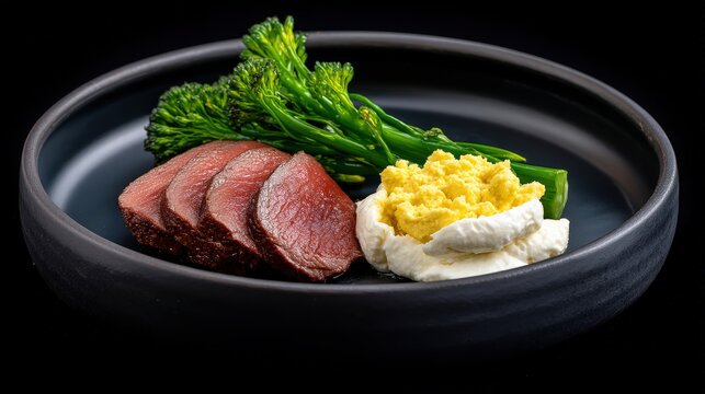 Gourmet sliced teres major steak with broccolini and egg salad on a black plate