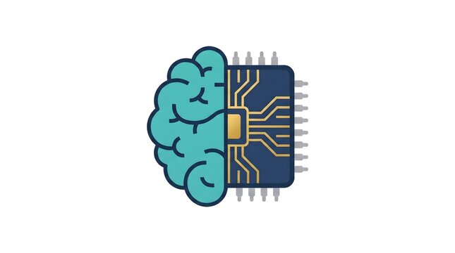 Artificial Intelligence Concept Human Brain Half Microchip Processor Vector Icon Dual Nature of Human Intelligence and Machine Learning Technology Isolated on White Background