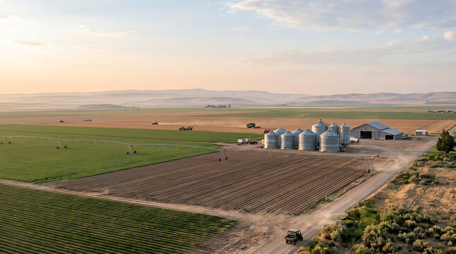 Aerial view of modern farm with grain silos and crop fields at sunset