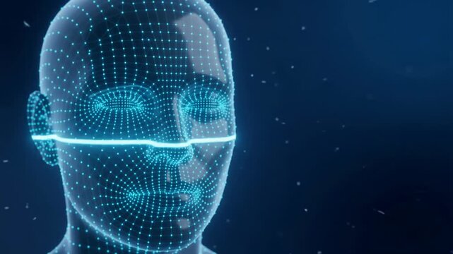 Digital animation of a 3D wireframe human face scanning with blue light particles on dark background.