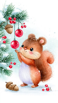 A cute squirrel reaches for red ornaments hanging on a pine branch adorned with acorns and berries in a snowy, festive winter scene.