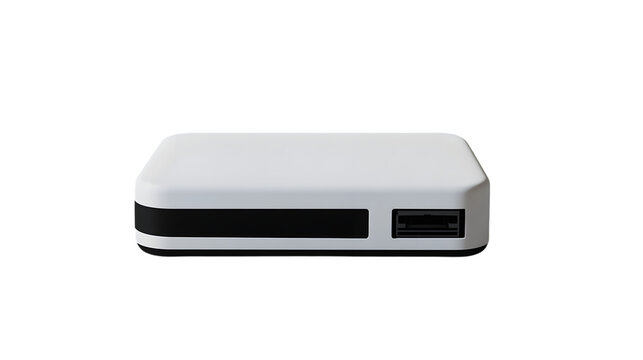 A white compact card reader sits on a clean surface against a plain white background with positioned centrally against small white electronic