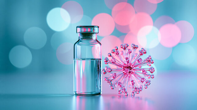 A glass vial with liquid next to a stylized 3D virus model on a bokeh background, symbolizing vaccine or medical research.