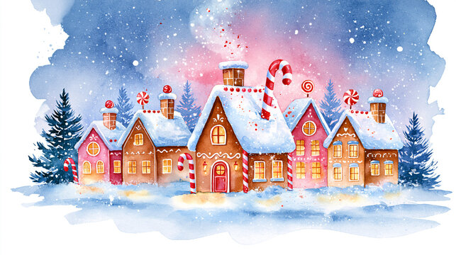 Charming watercolor illustration of gingerbread houses with candy decorations, snowy rooftops, and festive pine trees under a starry winter sky.