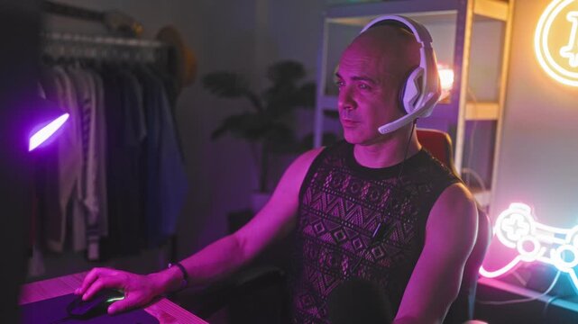Man wearing white headset touches chin while seated at computer in studio gaming setup with neon controller sign and mouse on desk; concentration.