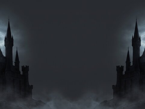 Dark gothic castle towers silhouette with misty fog and copy space on a spooky night