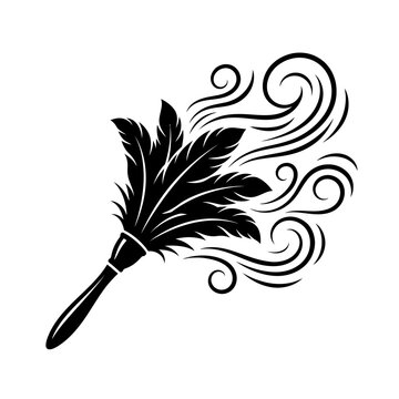 Black feather duster with decorative swirls in monochrome illustration style with bristles elegant