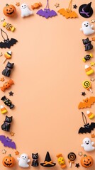 Fototapeta premium Halloween toys and decoration border frame with cute ghosts black cats bats and candy on pastel orange background with copy space