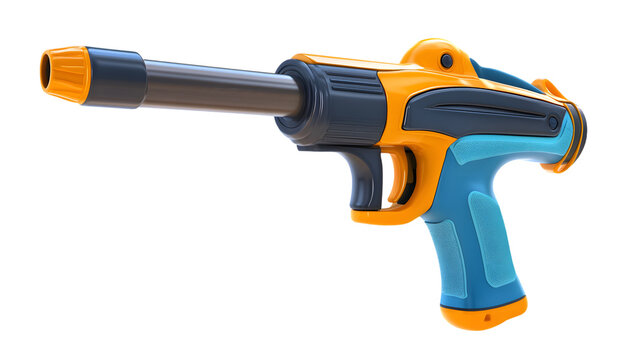 A colorful plastic toy blaster featuring a long barrel and ergonomic handle against white background with studio shot vibrant toy weapon orange