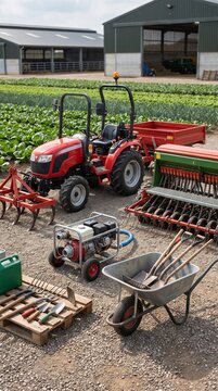 Agricultural machinery and farming tools arranged on a farmyard with a red utility tractor and greenhouse