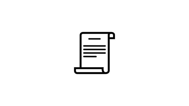 Black document scroll icon, legal paper contract, certificate line art, agreement document vector symbol isolated on white background.