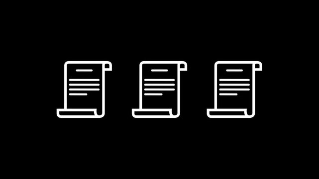 White document scroll icon, legal paper contract, certificate line art, agreement document vector symbol isolated on black background.