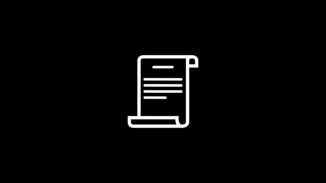 White document scroll icon, legal paper contract, certificate line art, agreement document vector symbol isolated on black background.