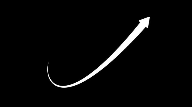 White curved upward arrow icon, growth direction pointer, swoosh arc arrow, dynamic progress movement vector symbol isolated on black background.