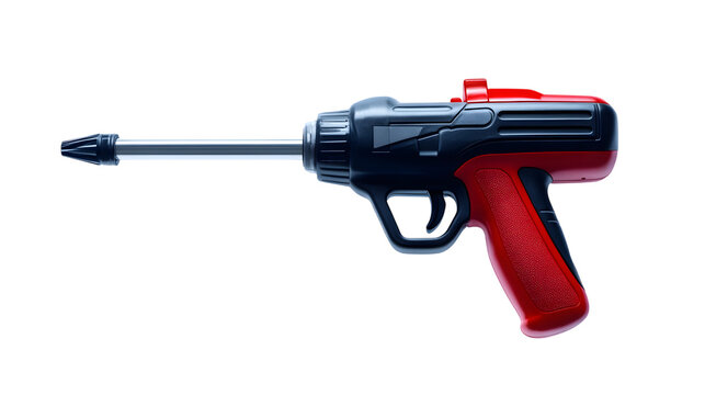 A compact red and black handheld caulking gun isolated on a plain white background studio with plastic body isolated gun with gun featuring, construction