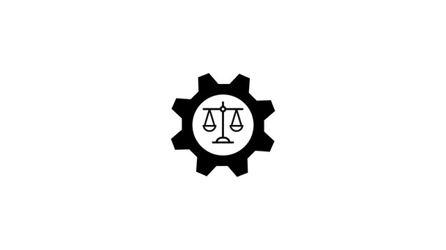 Black gear with scales of justice icon, legal system processing, law compliance mechanics, balance concept vector symbol isolated on white background.
