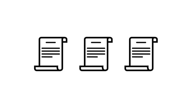 Black document scroll icon, legal paper contract, certificate line art, agreement document vector symbol isolated on white background.