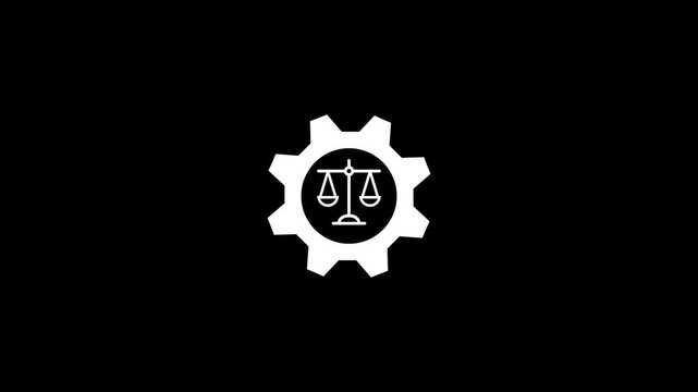 White gear with scales of justice icon, legal system processing, law compliance mechanics, balance concept vector symbol isolated on black background.