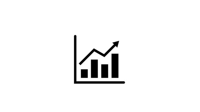 Black business growth bar chart icon with upward arrow, financial success, sales increase graph, minimalist economic progress vector symbol isolated on white background 4k video animation.
