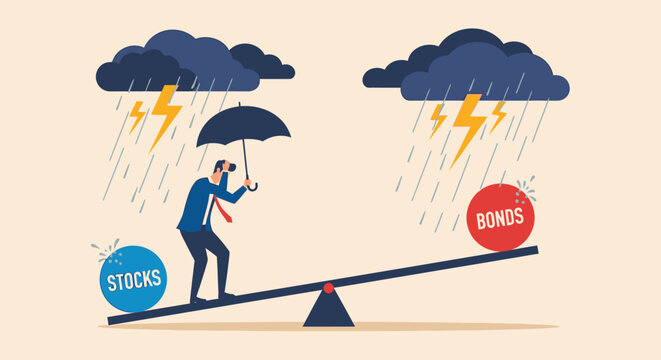 Man balancing on seesaw between stocks and bonds during storm with lightning and rain representing financial investment risk management and diversification.