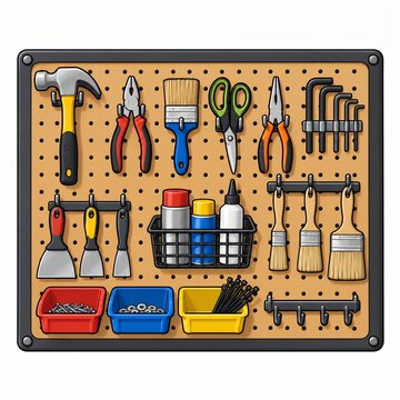 This is an image showing a pegboard with various tools hanging