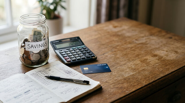 Financial planning on a wooden table with savings jar, calculator, notebook and credit card
