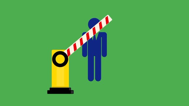 Businessman icon blocked by a boom gate, representing career stagnation, professional obstacles, limited progress, and barriers to workplace advancement.