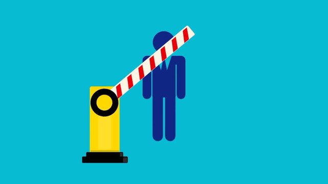 Businessman icon blocked by a boom gate, representing career stagnation, professional obstacles, limited progress, and barriers to workplace advancement.