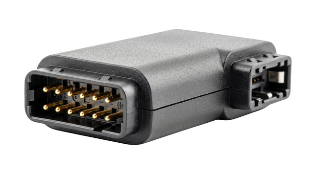 OBD2 diagnostic scanner adapter for vehicle electronics. Automotive interface connector with gold pins. Car computer diagnostic tool. isolated PNG with Transparent Background
