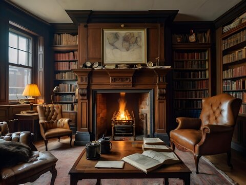 Classic study room features wooden bookshelves, a roaring fireplace, and vintage leather armchairs.