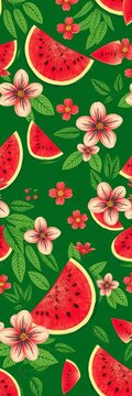 Retro vector watermelon seamless pattern with vintage flower and leaf elements, textured, design
