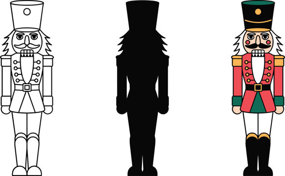 Full body traditional nutcracker soldier vector icon set in coloring style and color
