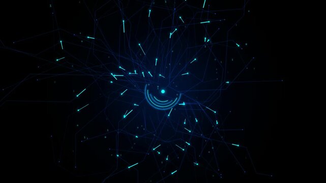 Abstract digital network connection with glowing blue light particles moving in dark space representing data transfer and futuristic technology communication concept 4k Motion Video