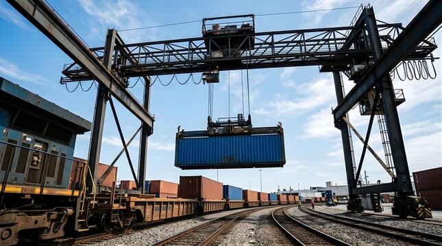 Gantry crane lifting cargo container above industrial freight train track