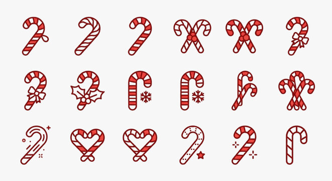 Collection of eighteen red and white striped candy cane icons and illustrations featuring Christmas holiday elements like holly berries, snowflakes, ribbon bows, hearts, and decorative stars.
