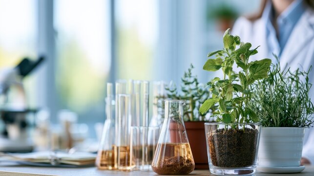 A modern scientific lab workspace where researchers analyze soil microbiome samples using advanced technology for environmental and agricultural studies.