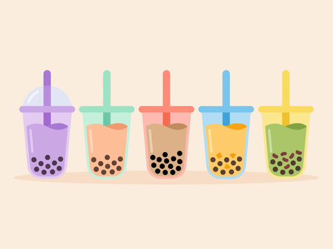 Five colorful plastic cups filled with sweet milk tea beverages and chewy tapioca pearls represent a popular summer refreshment choice for people who enjoy tasting various fruity refreshing
