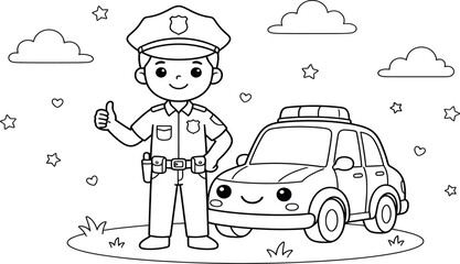 Educational dot to dot activity page for children featuring a cute cartoon police officer standing next to a police car © MOKTAR